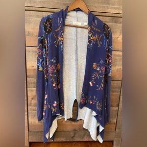 Blue floral sleeping on snow waterfall cardigan, size S